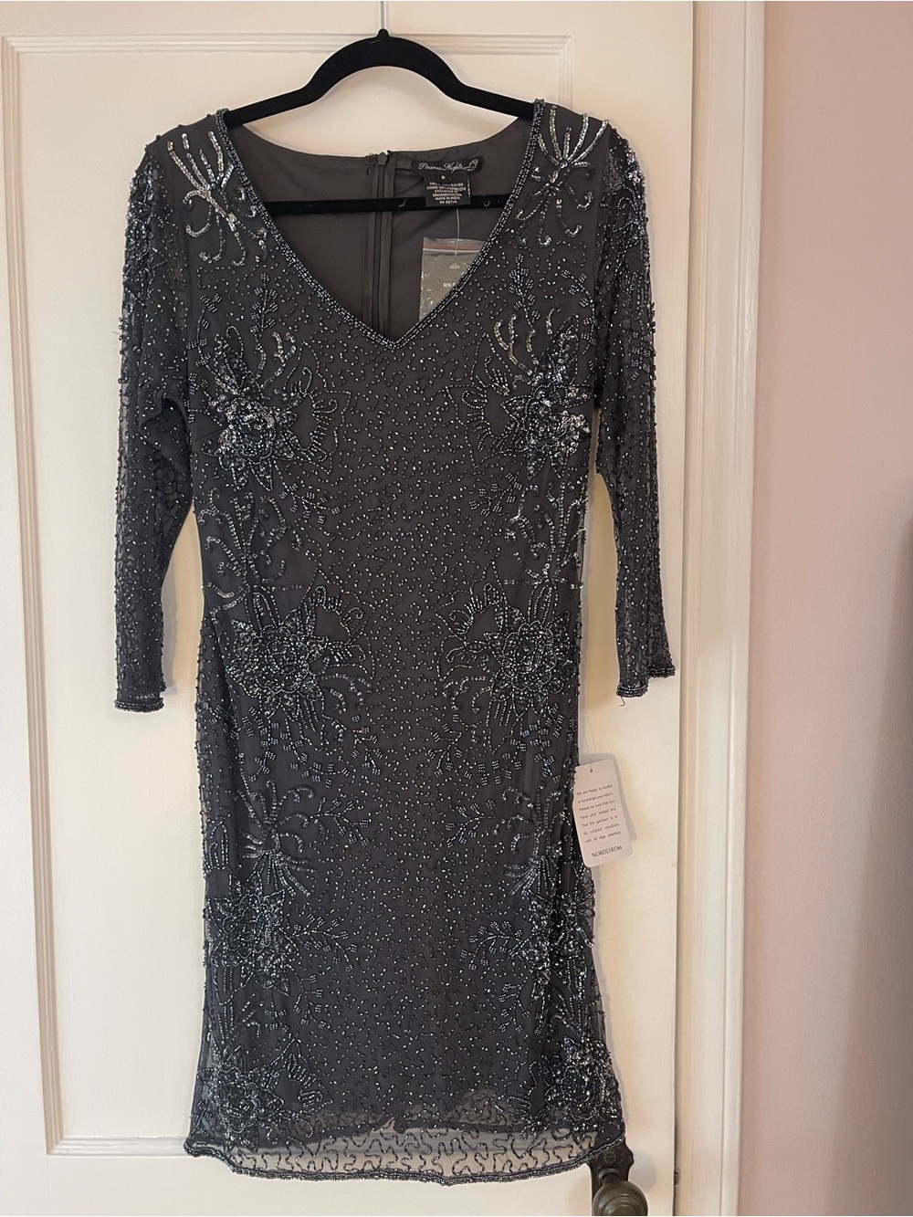 Pisarro Nights Beaded Charcoal V-Neck Midi Dress